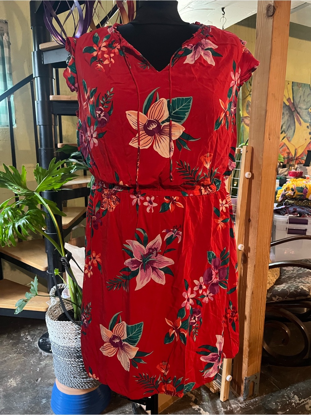 Old Navy Red Floral Tie-Front Mini Dress